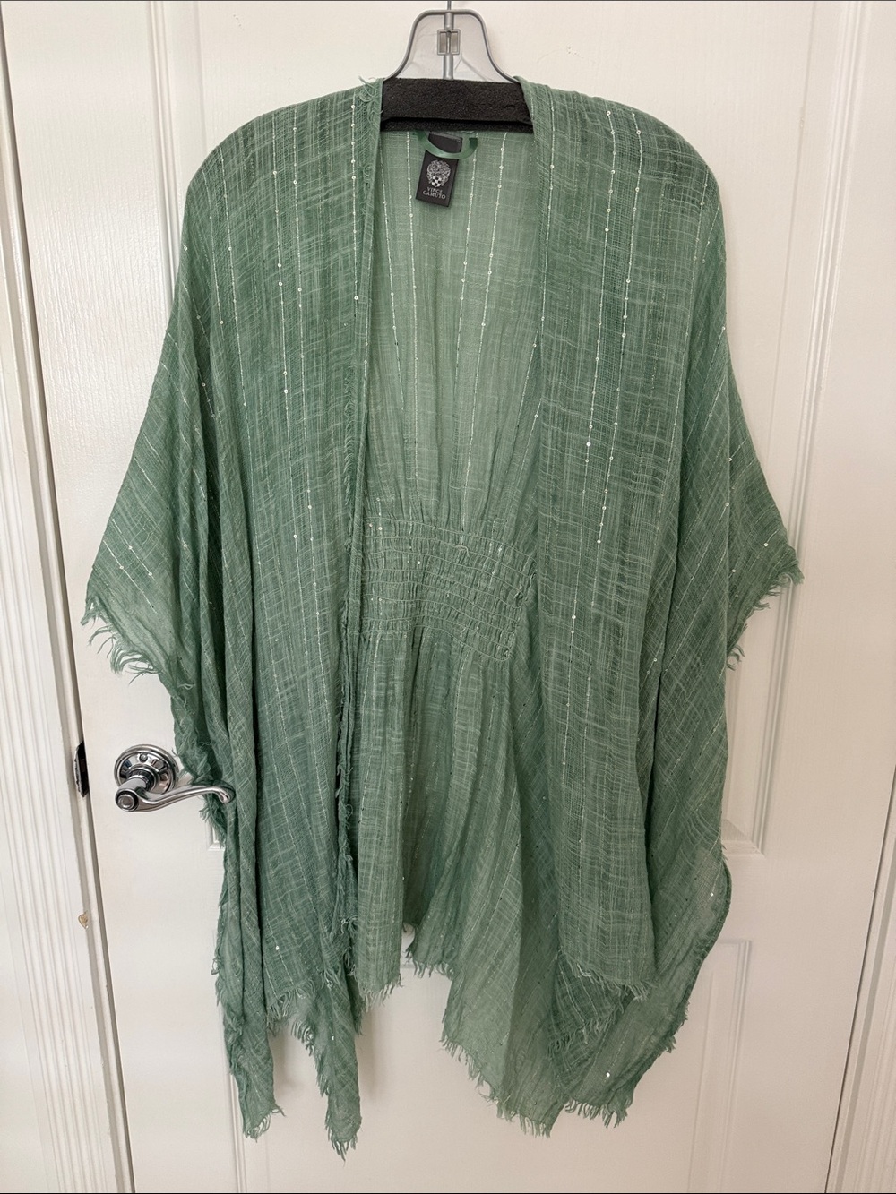 Vince Camuto Sage Green Lightweight Fringed Kimono